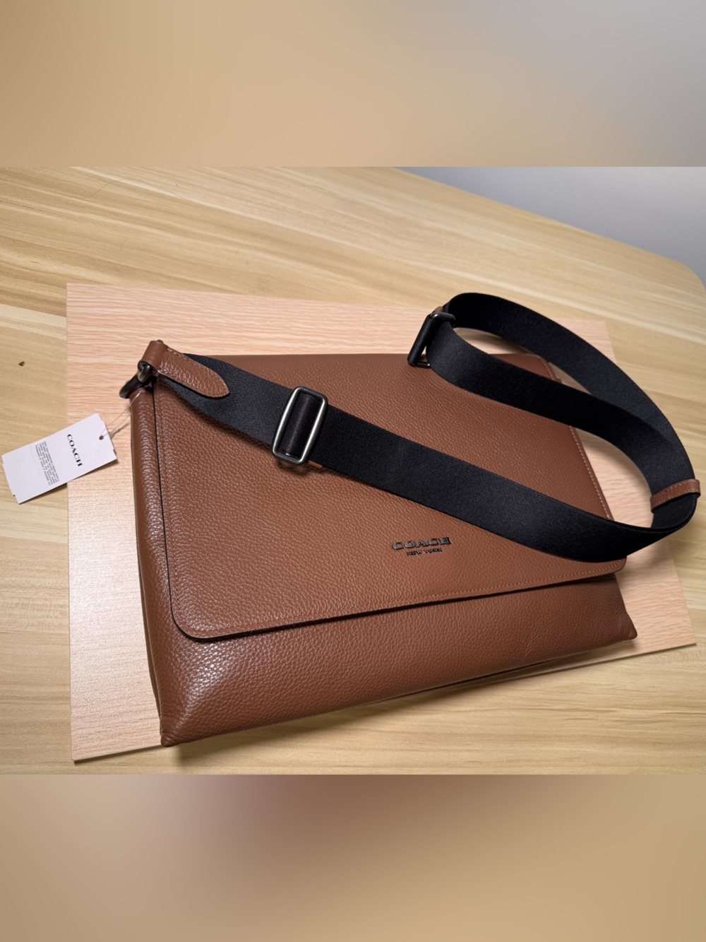 Coach Brown Pebbled Leather Caleb Messenger Bag with Black Strap